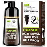 Farndu dark brown hair dye shampoo bottle close-up for easy at-home color