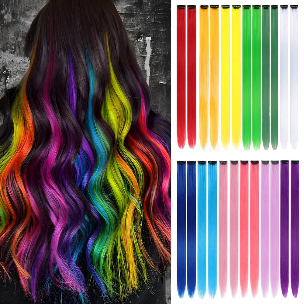 FAYDERS rainbow clip-in extensions add vibrant color for party-ready looks.