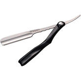 Feather Artist Club Black SS folding razor with compact folding handle for travel.
