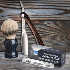 Feather Artist Club ProGuard blades close-up shows platinum-resin coating for longevity.