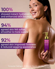 FeeMeFee firming oil texture swirl emphasizes lightweight application.