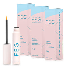 FEG Eyelash Enhancer 3-pack packaging, a complete lash care set for daily use.