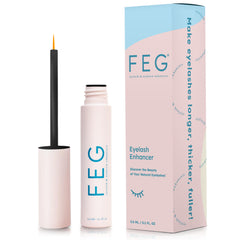 FEG Eyelash Rapid Growth Serum bottle shows a sleek formula for longer, fuller lashes