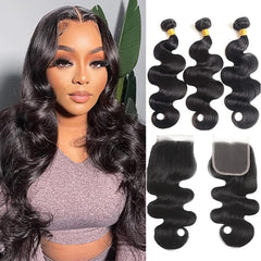 Feibin Brazilian virgin body wave bundles with closure for natural weave