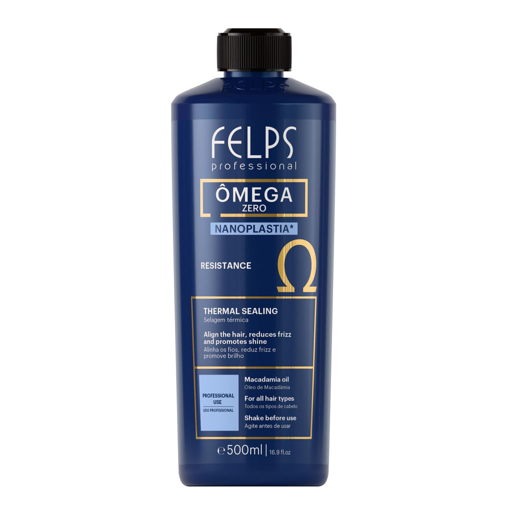 Felps Professional Omega Zero Nanoplastia bottle closeup highlights premium formula for salon-grade results at home.