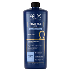 Felps Professional Omega thermal sealing bottle showcases smoothing potential for styled, frizz-free hair.