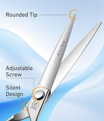 Ergonomic offset handle on Fenice Peak thinning shears reduces fatigue during long sessions.