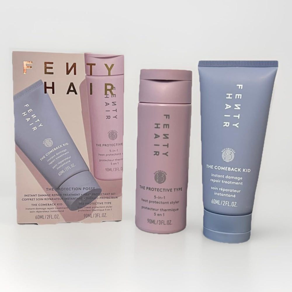 Fenty Hair Protection Posse duo bottle demonstrates heat protection and anti-breakage benefits.