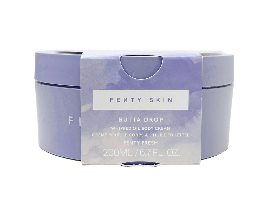 Fenty Skin Butta Drop whipped oil body cream bottle shows hydration benefits.