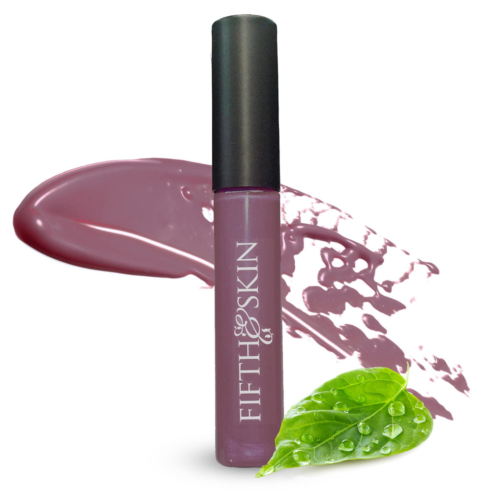Fifth & Skin Botanical Lip Gloss Plum close-up showcases velvety moisture on lips