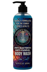 Fighter's Therapy body wash bottle pouring for quick post-training cleansing