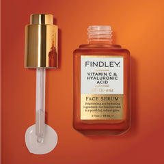 Findley ingredient graphic highlights Vitamin C and Hyaluronic Acid for hydration