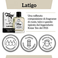 Fine Latigo packaging box emphasizes premium, alcohol-based formula and barbershop vibe.