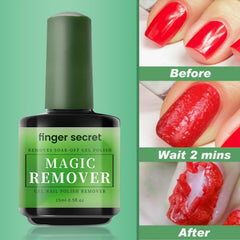 Finger Secret remover bottle closeup highlighting gentle formula and quick results.