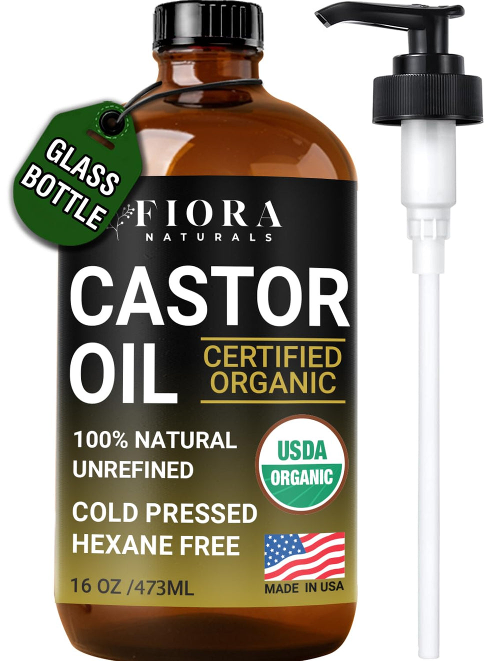 Fiora Naturals organic castor oil in a 16oz dark glass bottle with pump for hair nourishment
