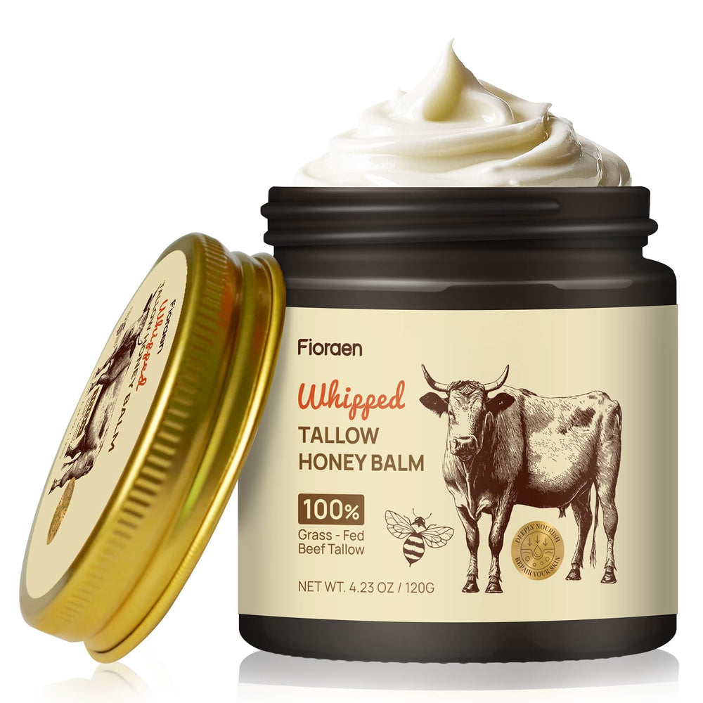 Fioraen whipped beef tallow honey balm in jar for rich hydration.