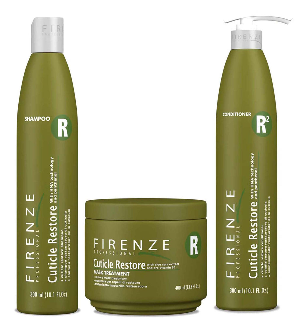 Firenze Professional Cuticle Restore shampoo bottle promotes cuticle repair and hydration.