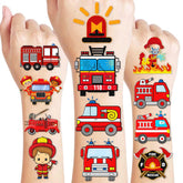 Firetruck tattoo sheet: vibrant fire truck designs for party favors and playtime.