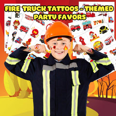 Firetruck tattoo sheet: shield badge designs for reward stickers and loot bags.
