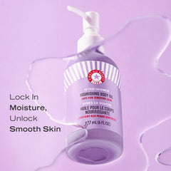 Silky texture close-up of First Aid Beauty oil on skin absorbing quickly