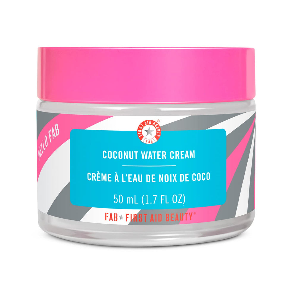 First Aid Beauty Coconut Water Cream jar showing hydration boost for skin.