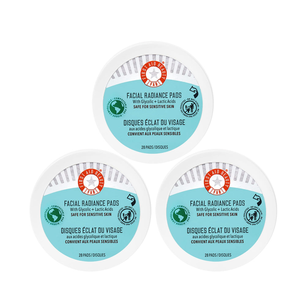 First Aid Beauty facial radiance pads packaging highlights compostable, eco-friendly design.