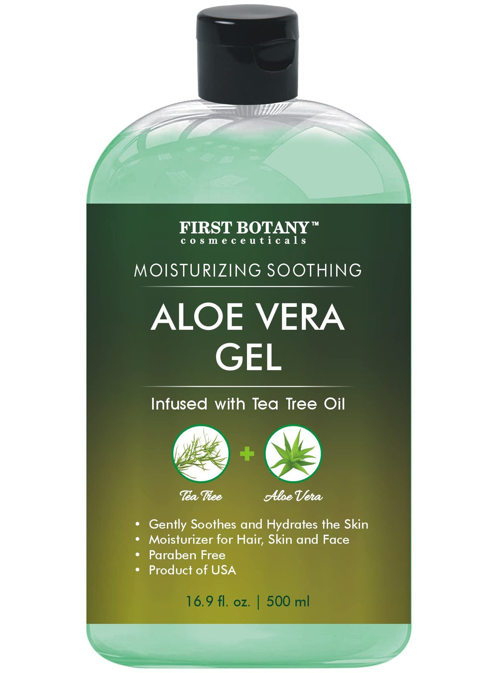 First Botany Aloe Gel bottle shows pure aloe with tea tree oil for skin hydration