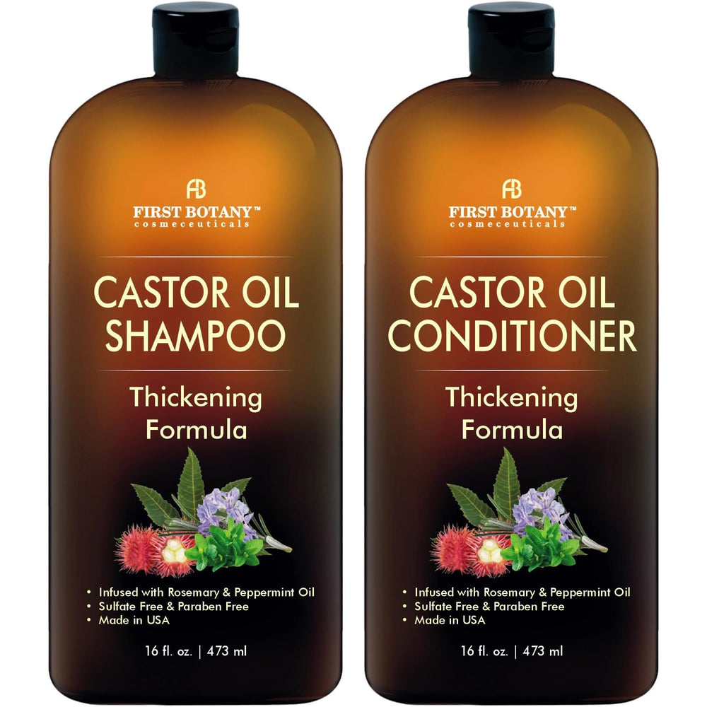 First Botany castor oil shampoo bottle highlighting a sulfate-free formula for fuller, stronger hair.