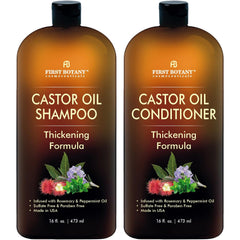 First Botany castor oil shampoo bottle highlighting a sulfate-free formula for fuller, stronger hair.
