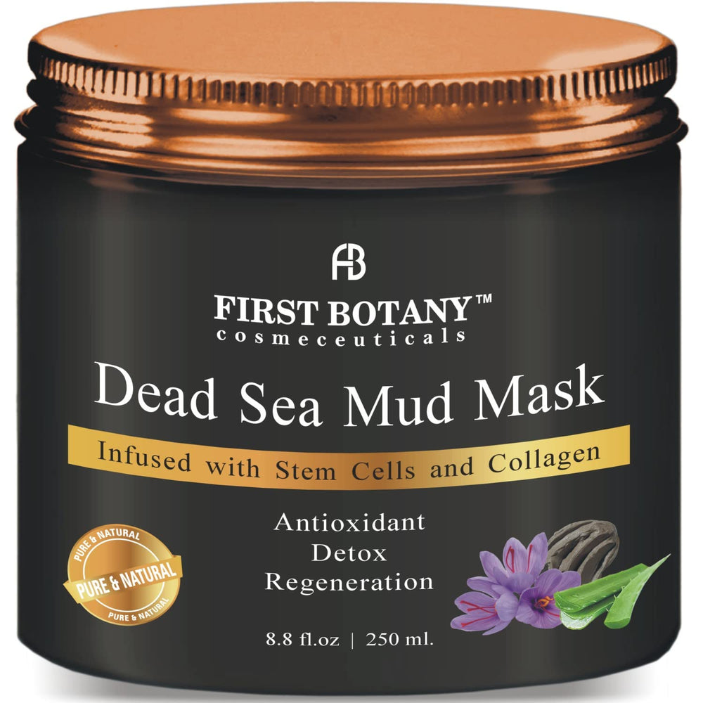 First Botany Dead Sea Mud Mask jar close-up shows mineral-rich formula for pore cleansing.