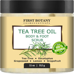 First Botany tea tree scrub bottle with salt for exfoliation and odor control.