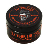 Fix Your Lid Extreme Hold pomade bottle shows powerful hold and easy rinse