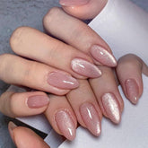 FJSMTOPl almond press-on nails in pink glitter with glossy finish for quick at-home manicure
