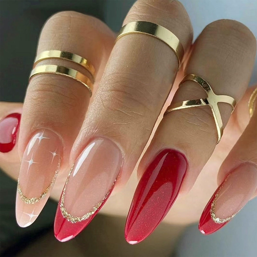 FJSMTOPl red almond press-on nails in medium length for a chic manicure.