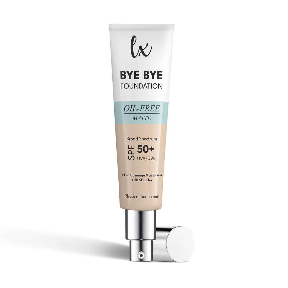 Flawless Radiance Bye Bye Foundation bottle with SPF 50 for oil-free matte coverage.