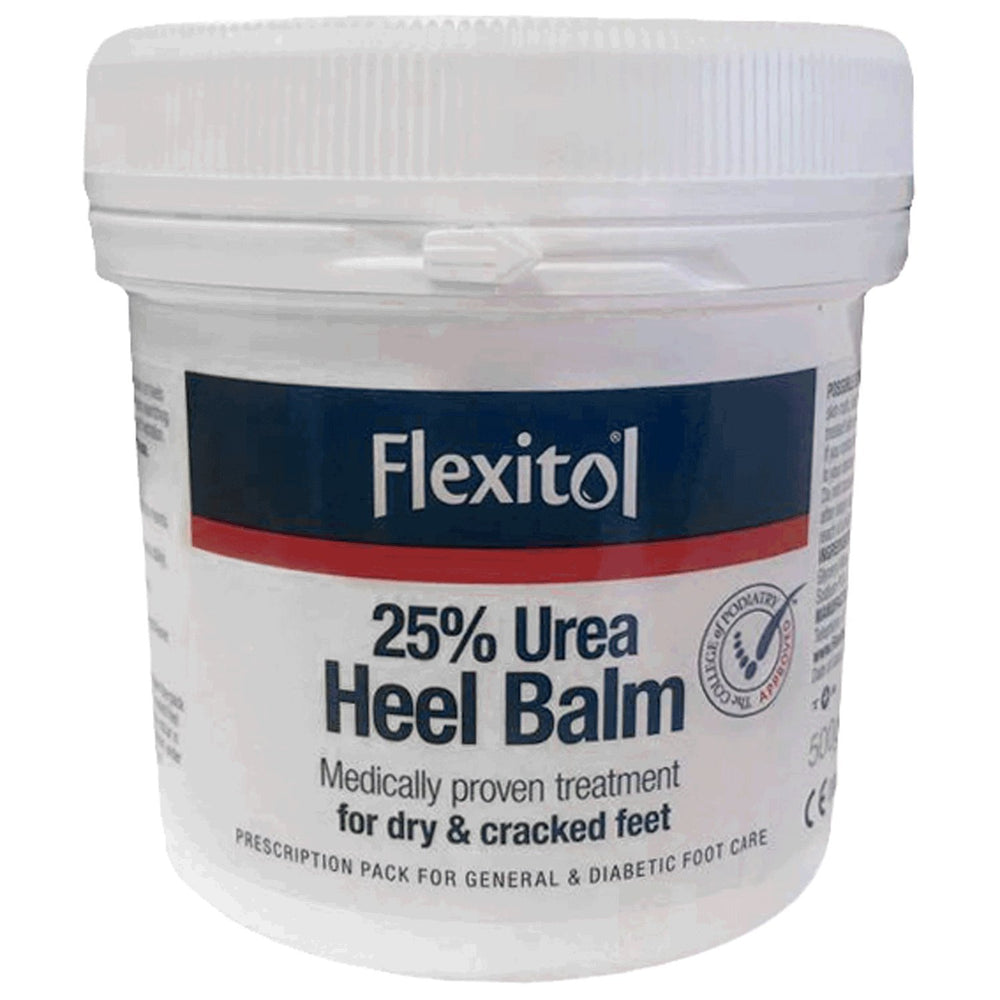 Flexitol Heel Balm 500g tub with lid seal, ensuring fresh, convenient daily foot care.
