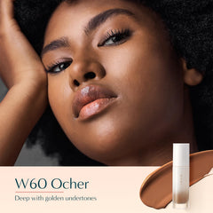 FLORASIS Serum Touch swatch on skin shows warm W60 Ocher shade with easy blending.