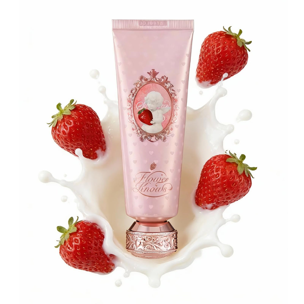 Flower Knows Strawberry Cupid bottle pour shows light, inviting fragrance for daily use.