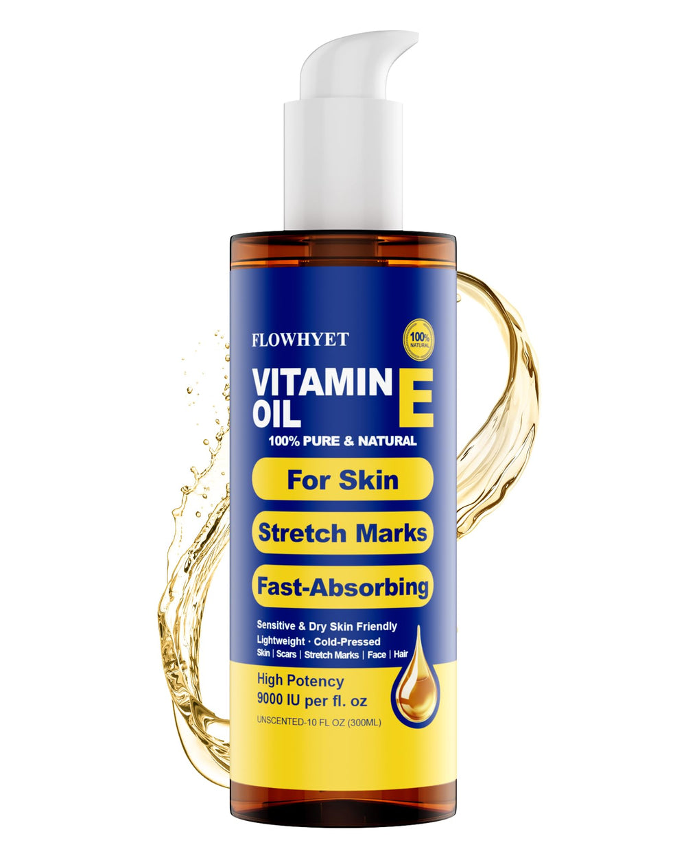 FLOWHYET Pure Vitamin E Oil bottle for fast absorption and deep hydration.