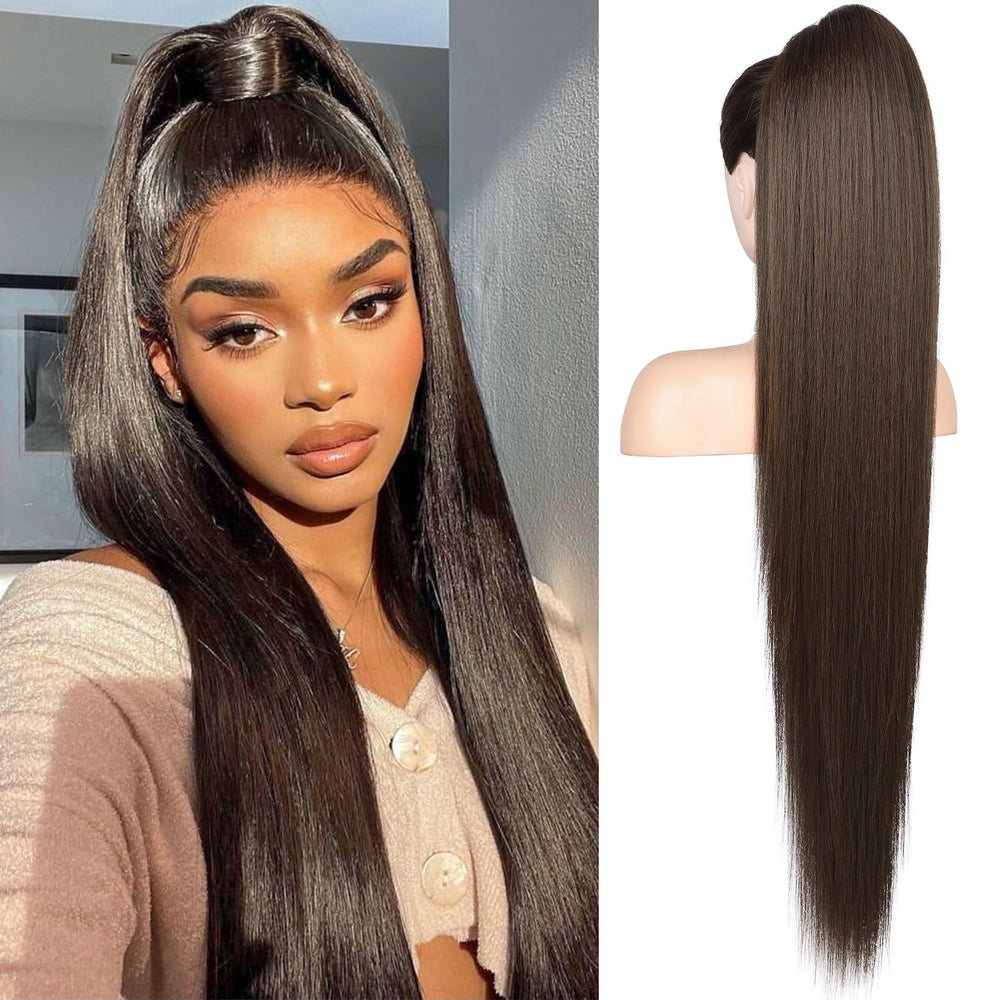 Flufymooz pony tail extension 36 inch drawstring adds instant length and natural shine.