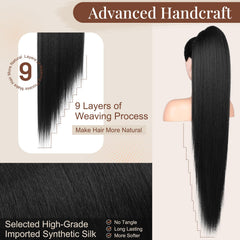 Flufymooz ponytail worn, back view reveals a smooth, full silhouette.
