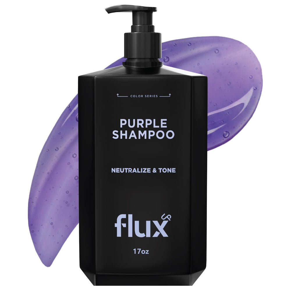 Flux Up Purple Shampoo bottle pouring to neutralize brass for cooler blonde tones.