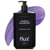 Flux Up Purple Shampoo bottle pouring to neutralize brass for cooler blonde tones.