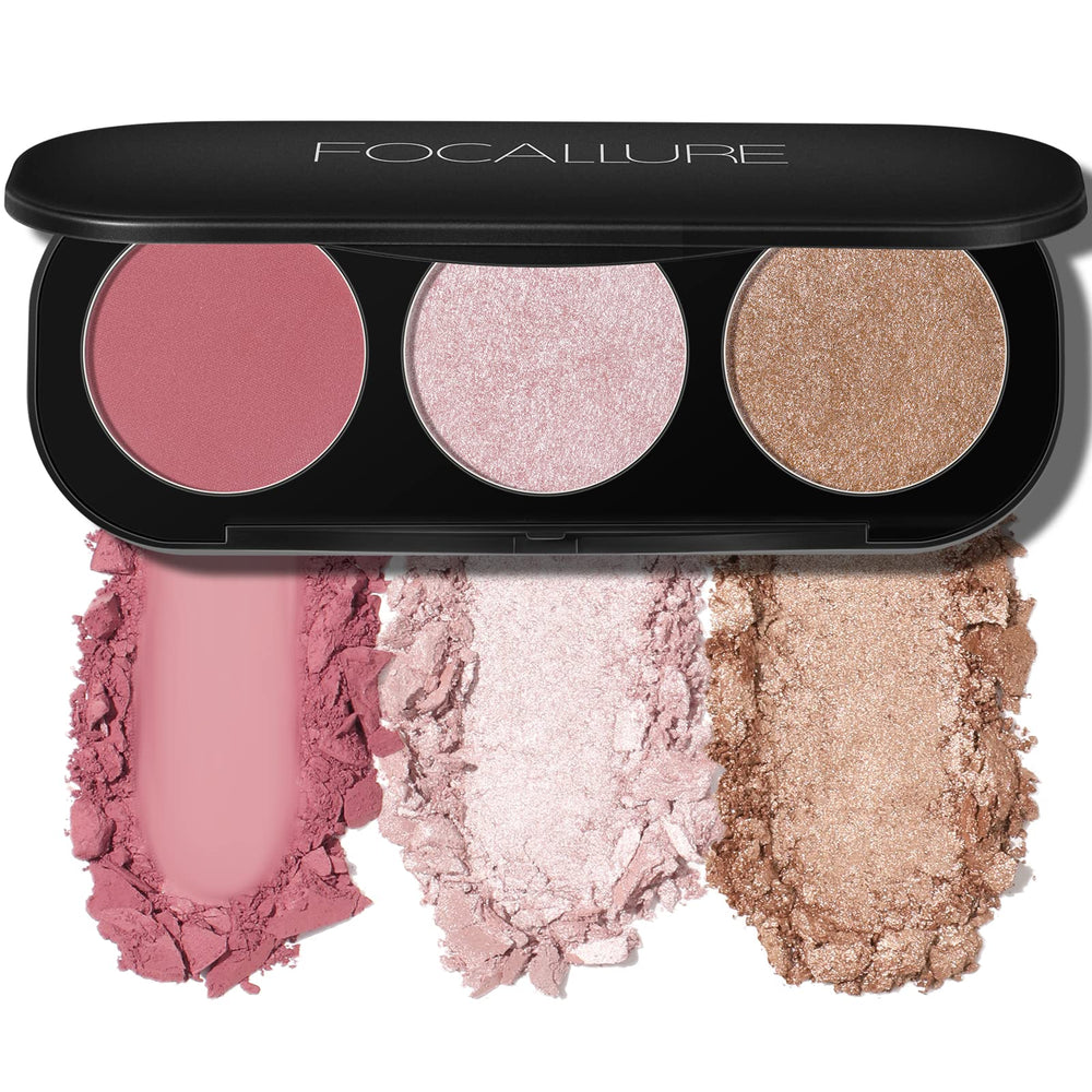 FOCALLURE 3-in-1 blush and highlighter palette open for versatile cheek makeup and glow.