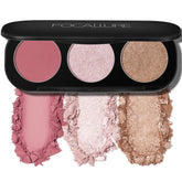 FOCALLURE 3-in-1 blush and highlighter palette open for versatile cheek makeup and glow.