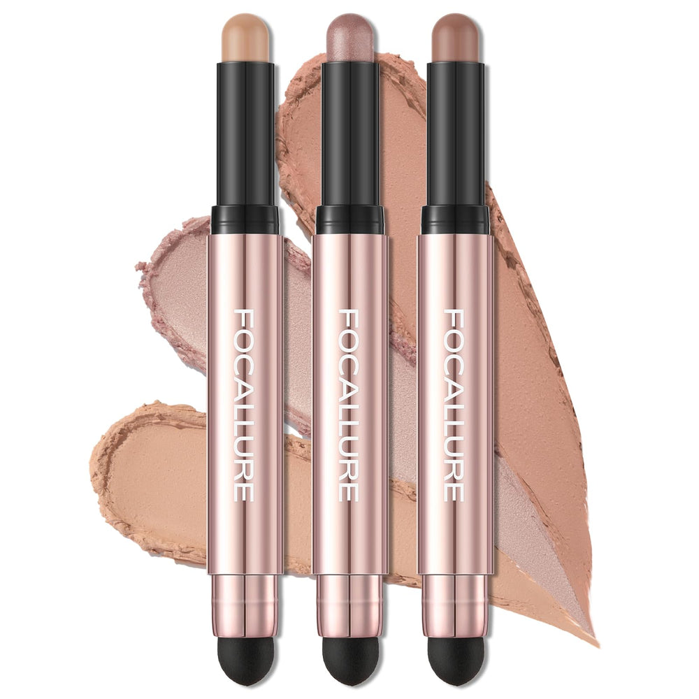 FOCALLURE 3pcs no-crease eyeshadow sticks pack for easy, long-lasting color.