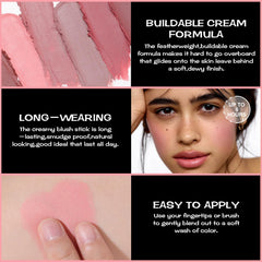 FOCALLURE Cream Blush Stick matte-dewy finish showcases versatile color in one swipe.