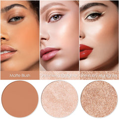 FOCALLURE matte blush and shimmer highlighter texture delivers natural radiant glow.