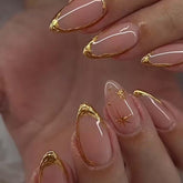 Foccna almond press-on nails with gold line design for quick, chic manicures.