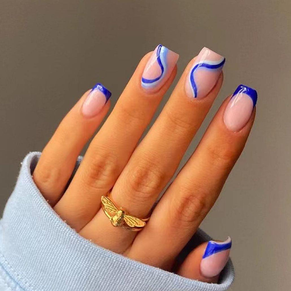 Foccna square press-on nails in blue swirl full set for quick at-home manicure